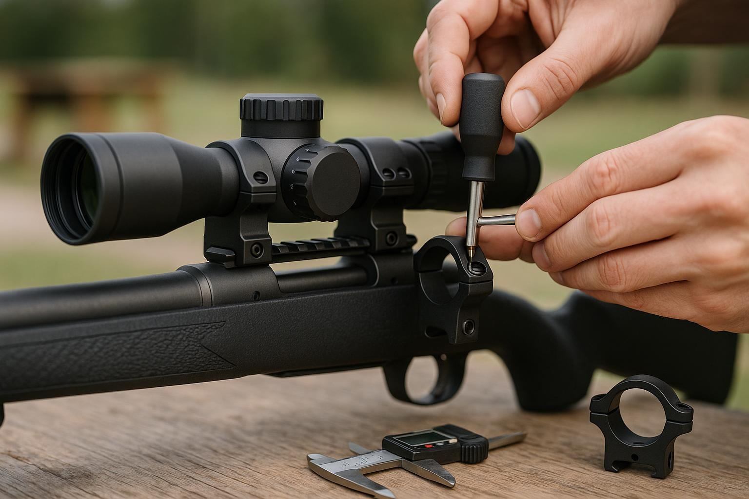 Unbranded rifle scope and mounting tools on a clean workshop bench during a careful zero verification